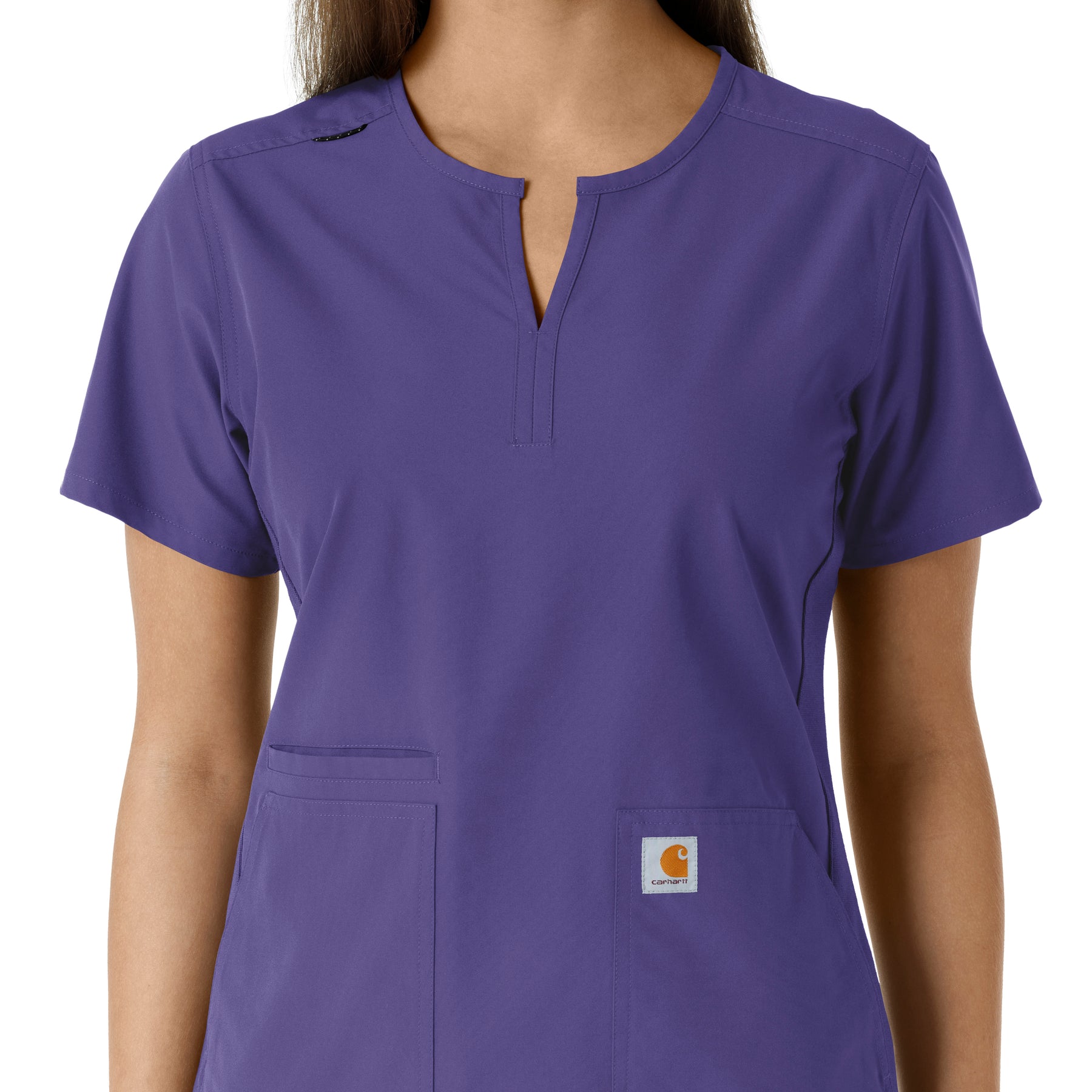 Force Essentials Women's Notch Neck Tunic Knit Panel Scrub Top Grape front detail