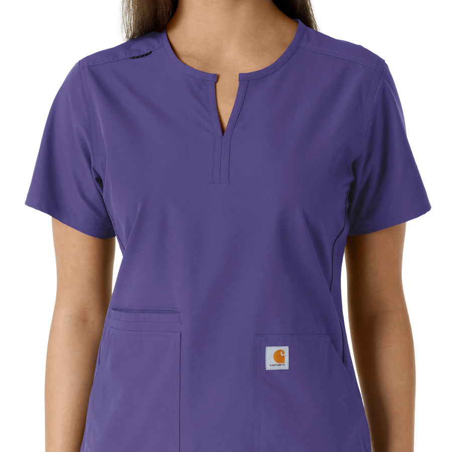 Force Essentials Women's Notch Neck Tunic Knit Panel Scrub Top Grape front detail