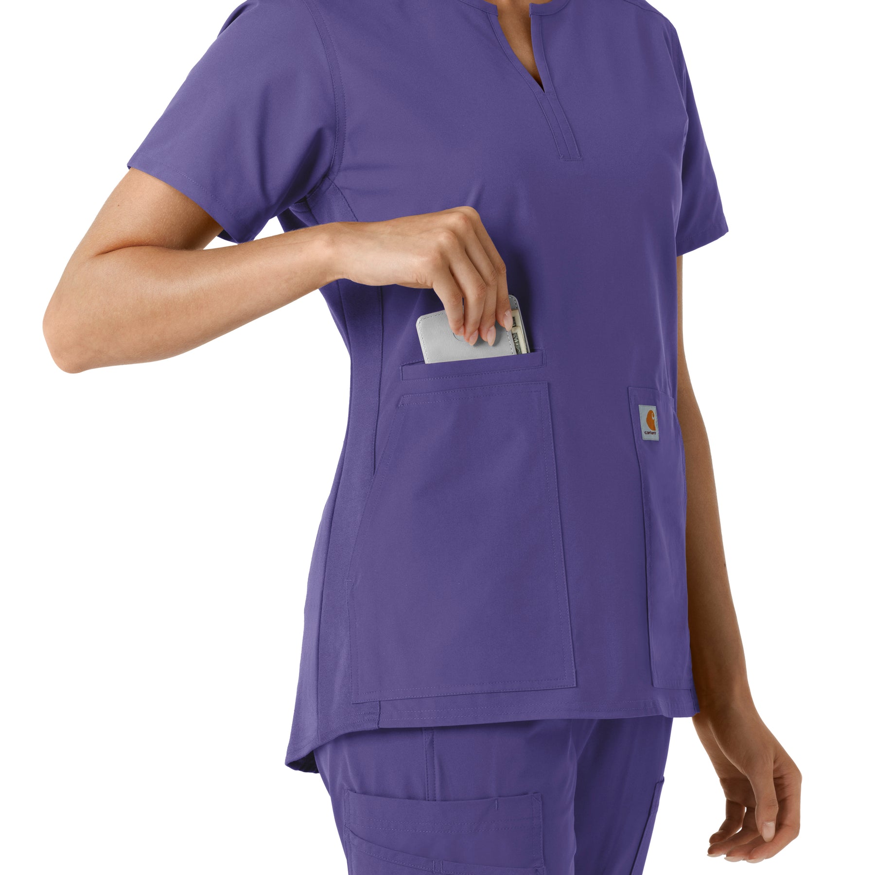 Force Essentials Women's Notch Neck Tunic Knit Panel Scrub Top Grape side detail 2