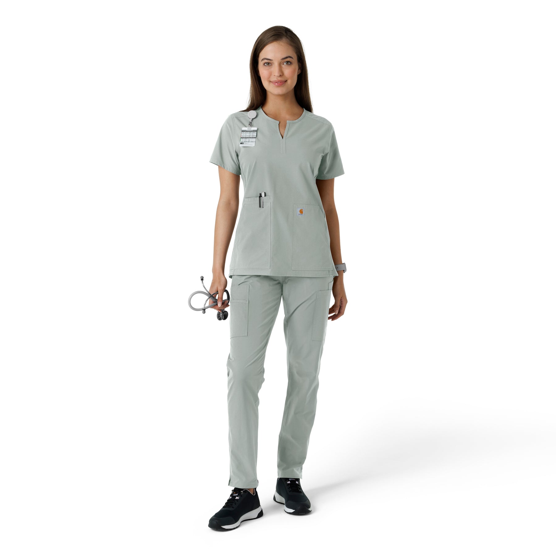 Force Essentials Women's Notch Neck Tunic Knit Panel Scrub Top Grey full scrub set