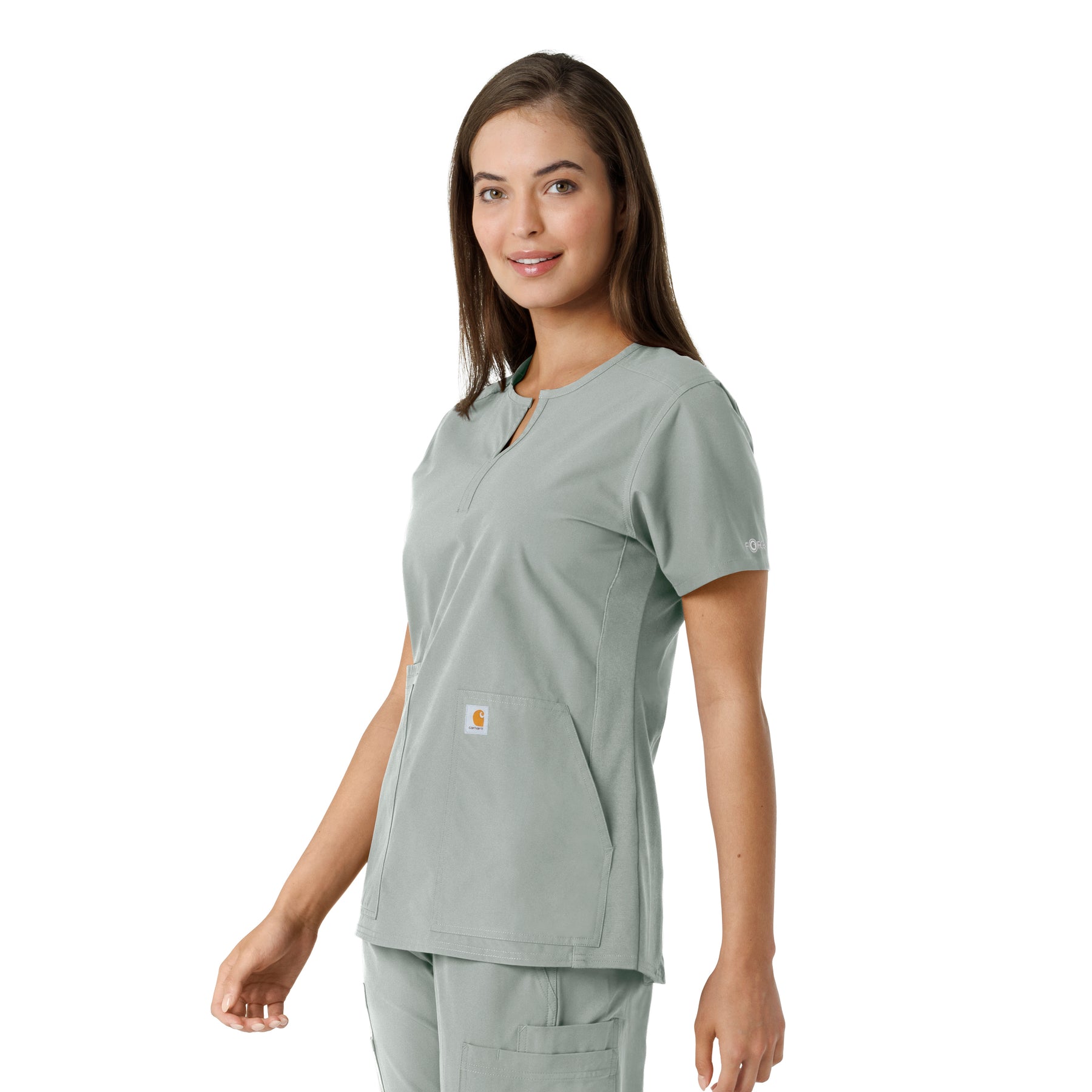 Force Essentials Women's Notch Neck Tunic Knit Panel Scrub Top Grey side view