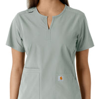Force Essentials Women's Notch Neck Tunic Knit Panel Scrub Top Grey front detail