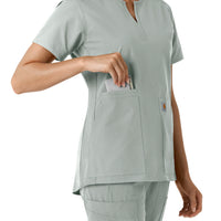 Force Essentials Women's Notch Neck Tunic Knit Panel Scrub Top Grey side detail 2