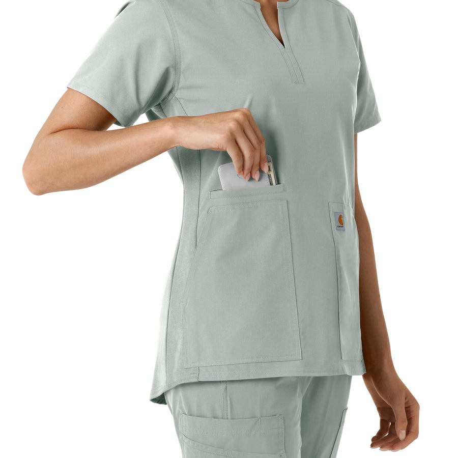 Force Essentials Women's Notch Neck Tunic Knit Panel Scrub Top Grey side detail 2