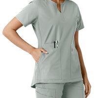Force Essentials Women's Notch Neck Tunic Knit Panel Scrub Top Grey hemline detail
