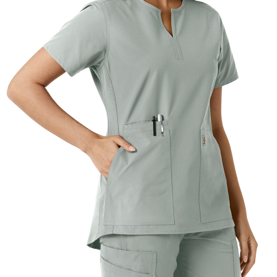 Force Essentials Women's Notch Neck Tunic Knit Panel Scrub Top Grey hemline detail