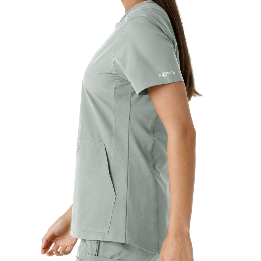 Force Essentials Women's Notch Neck Tunic Knit Panel Scrub Top Grey back detail