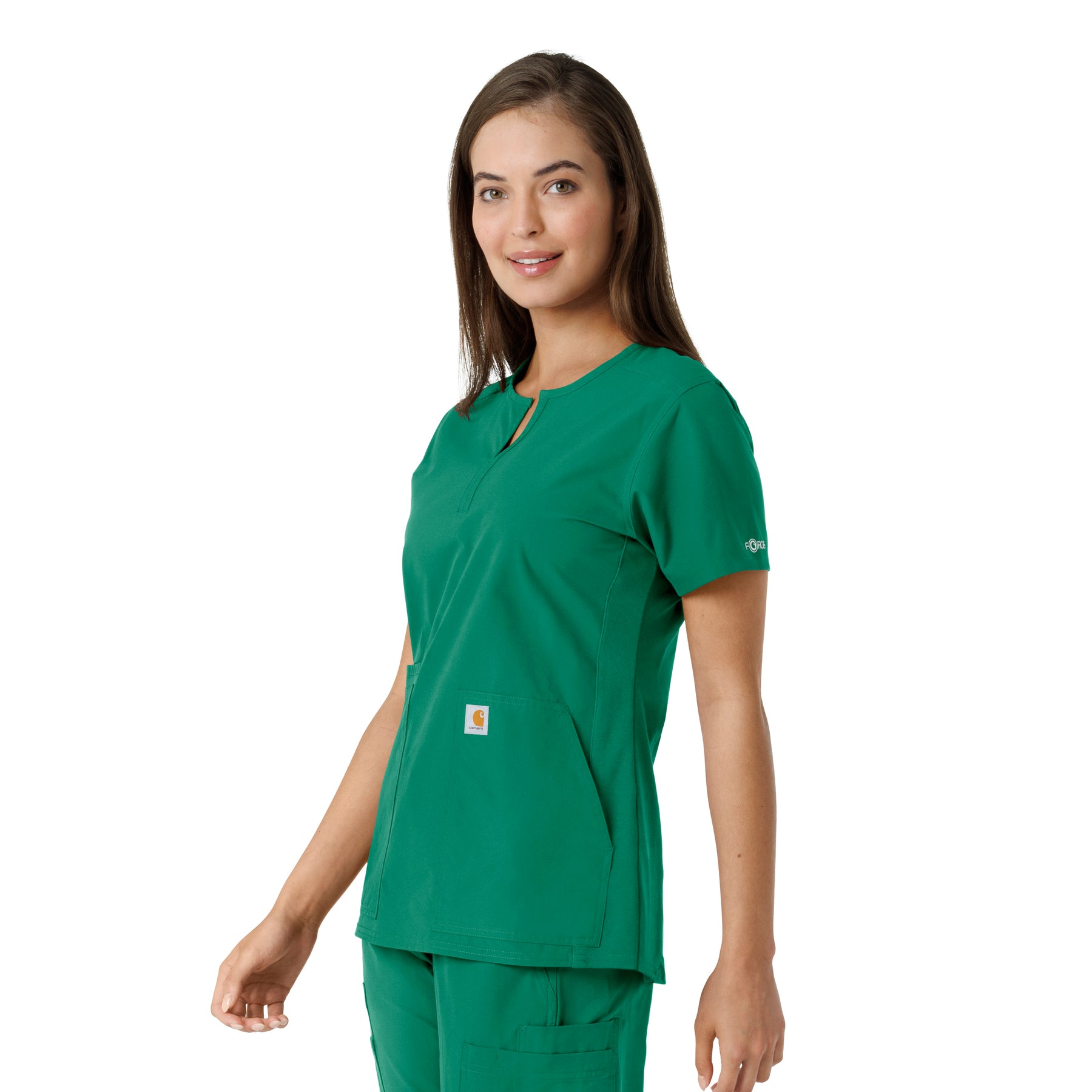 Force Essentials Women's Notch Neck Tunic Knit Panel Scrub Top Hunter side view