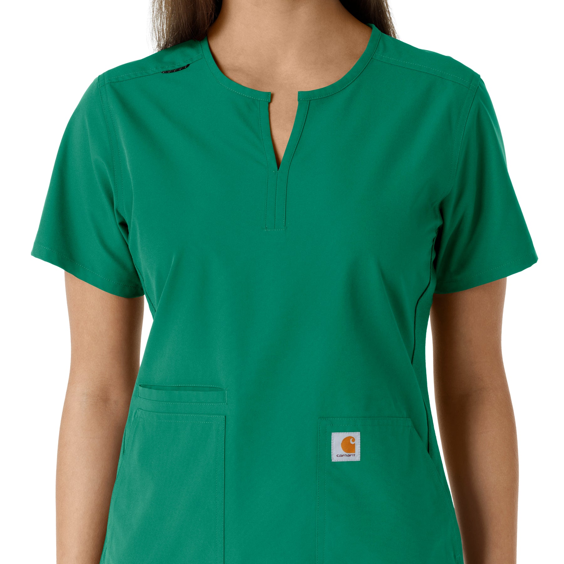 Force Essentials Women's Notch Neck Tunic Knit Panel Scrub Top Hunter front detail