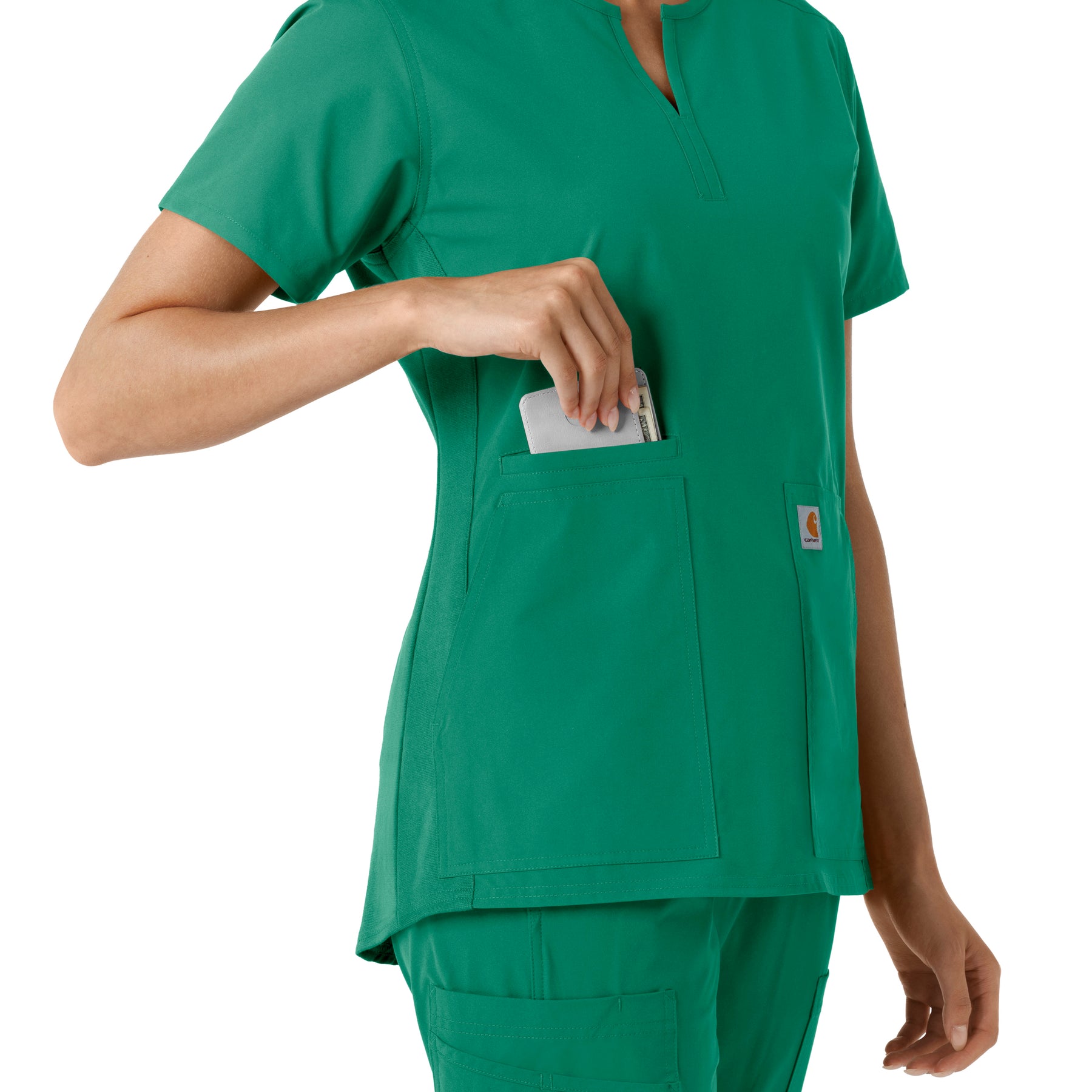 Force Essentials Women's Notch Neck Tunic Knit Panel Scrub Top Hunter side detail 2