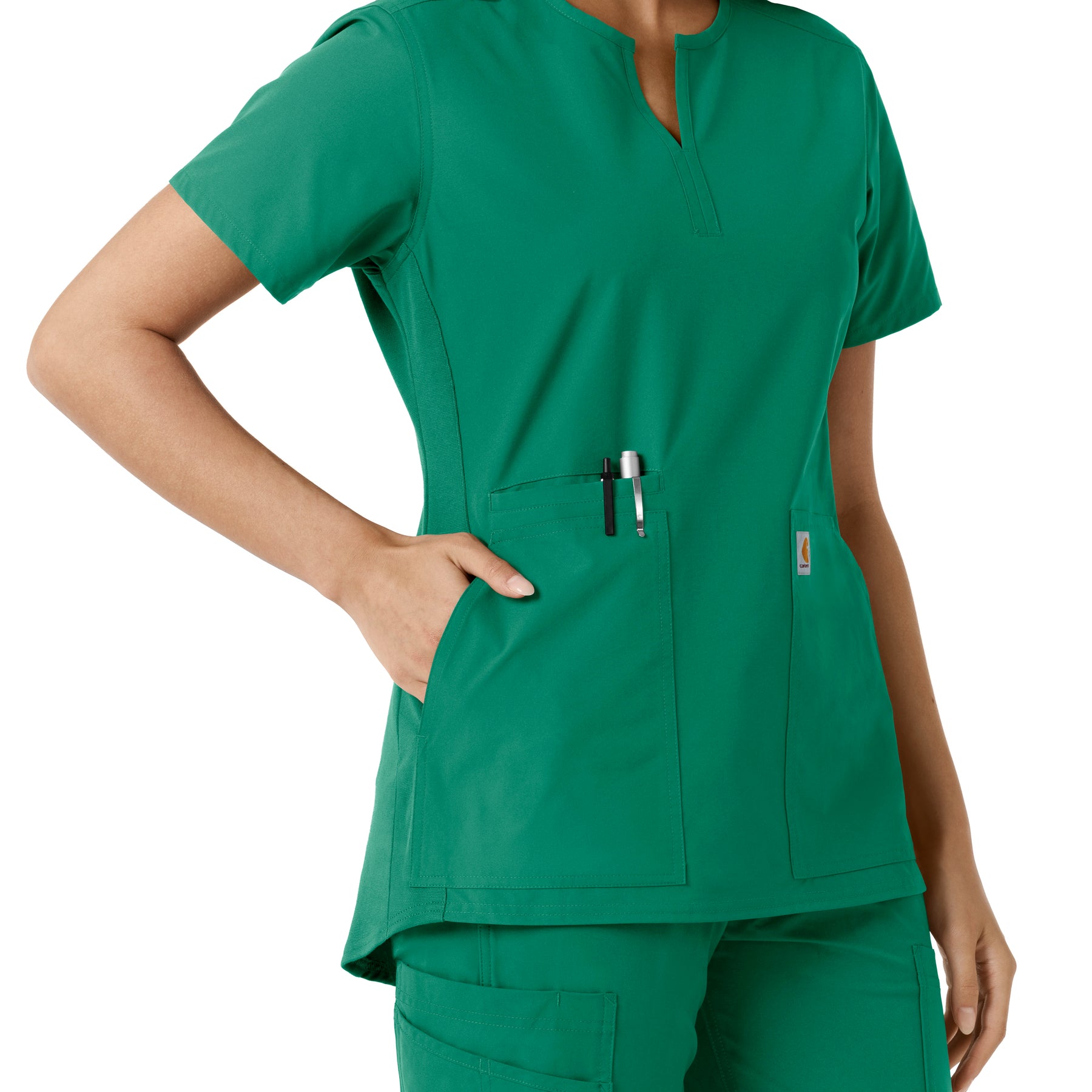 Force Essentials Women's Notch Neck Tunic Knit Panel Scrub Top Hunter hemline detail