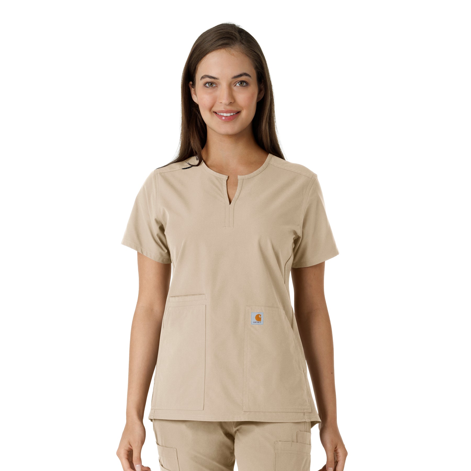 Force Essentials Women's Notch Neck Tunic Knit Panel Scrub Top Khaki