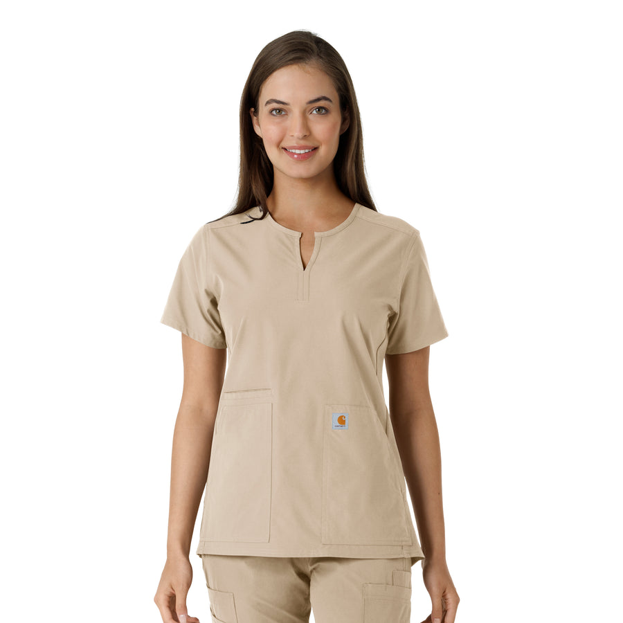 Force Essentials Women's Notch Neck Tunic Knit Panel Scrub Top Khaki