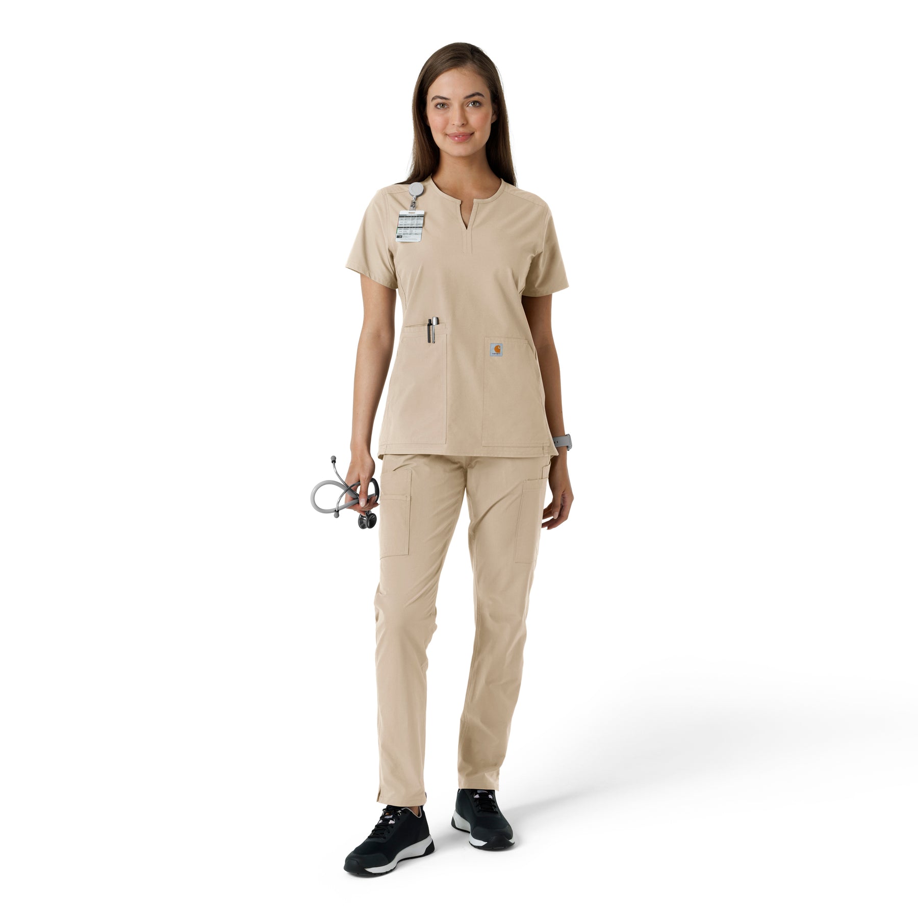 Force Essentials Women's Notch Neck Tunic Knit Panel Scrub Top Khaki full scrub set