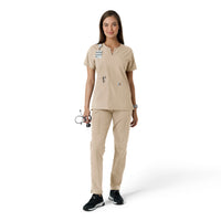Force Essentials Women's Notch Neck Tunic Knit Panel Scrub Top Khaki full scrub set