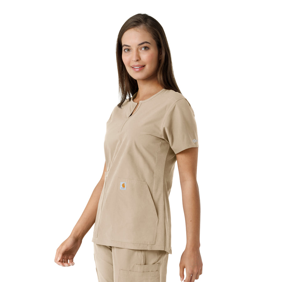 Force Essentials Women's Notch Neck Tunic Knit Panel Scrub Top Khaki side view
