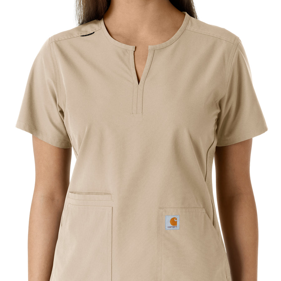 Force Essentials Women's Notch Neck Tunic Knit Panel Scrub Top Khaki front detail