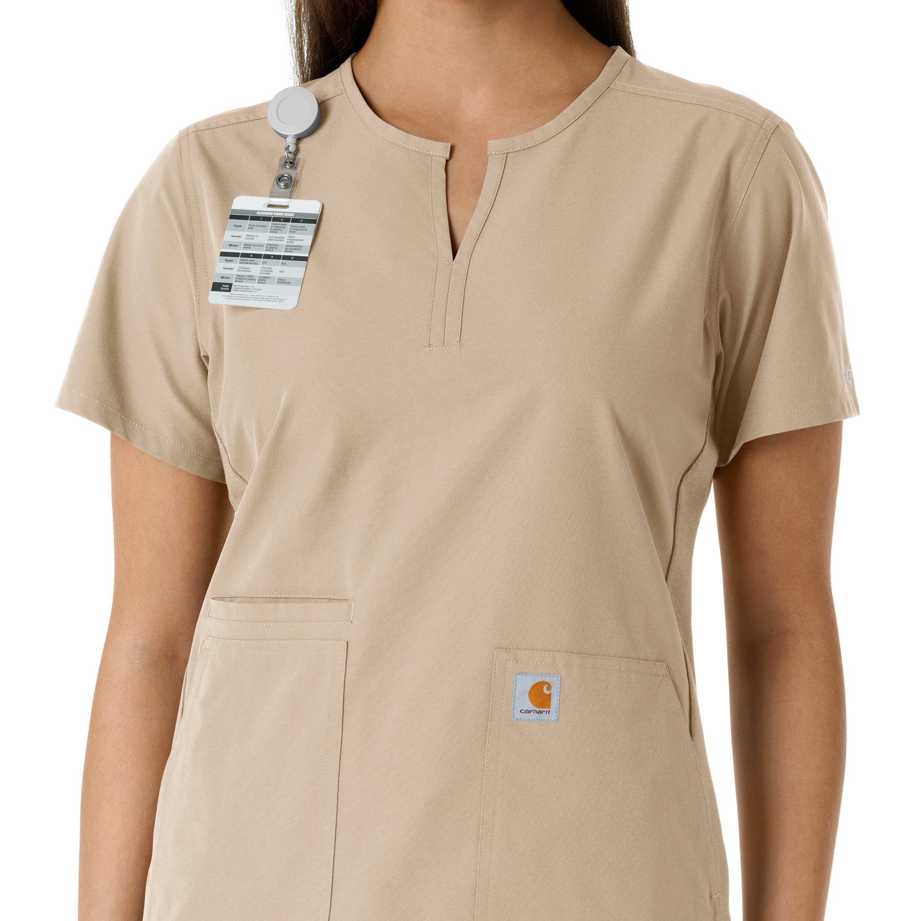 Force Essentials Women's Notch Neck Tunic Knit Panel Scrub Top Khaki side detail 1