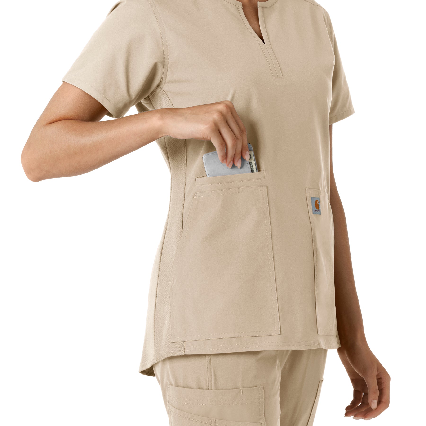 Force Essentials Women's Notch Neck Tunic Knit Panel Scrub Top Khaki side detail 2