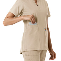 Force Essentials Women's Notch Neck Tunic Knit Panel Scrub Top Khaki side detail 2