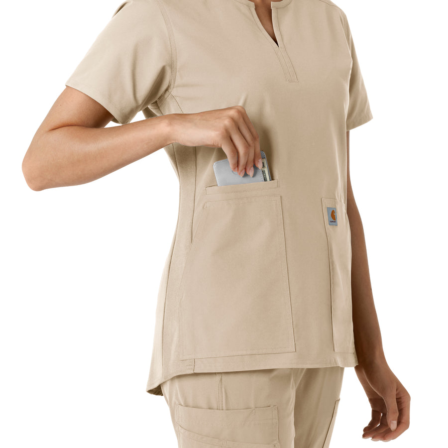 Force Essentials Women's Notch Neck Tunic Knit Panel Scrub Top Khaki side detail 2