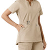 Force Essentials Women's Notch Neck Tunic Knit Panel Scrub Top Khaki hemline detail
