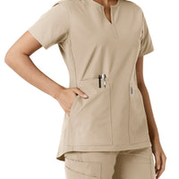 Force Essentials Women's Notch Neck Tunic Knit Panel Scrub Top Khaki hemline detail