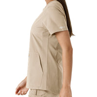 Force Essentials Women's Notch Neck Tunic Knit Panel Scrub Top Khaki back detail