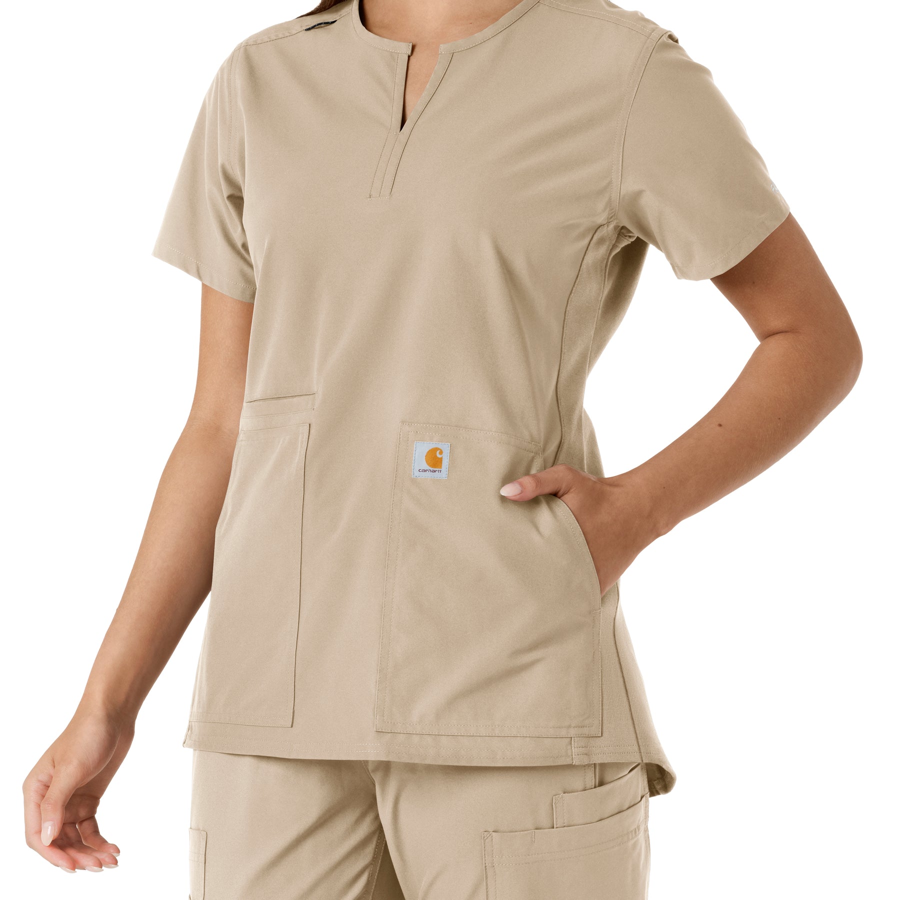 Carhartt Force Essentials Women's Notch Neck Tunic Knit Panel Scrub Top - Khaki