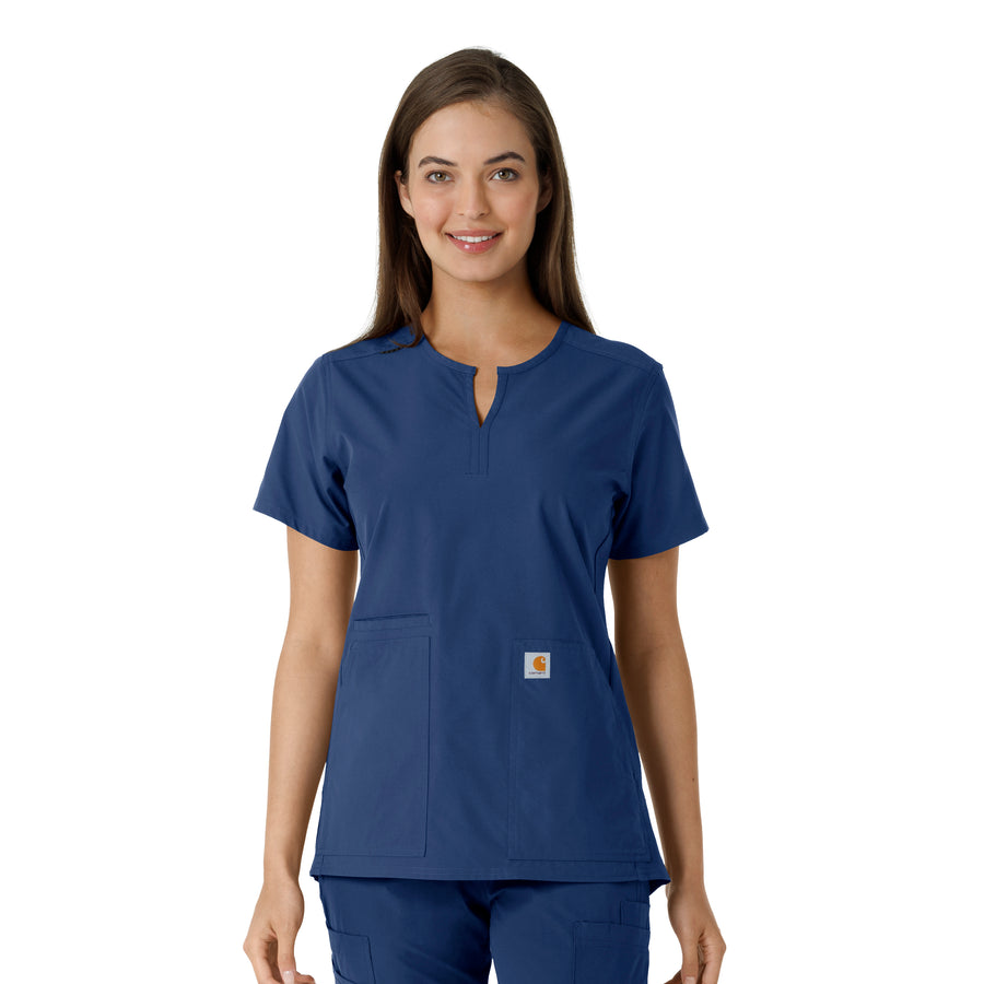 Force Essentials Women's Notch Neck Tunic Knit Panel Scrub Top Navy