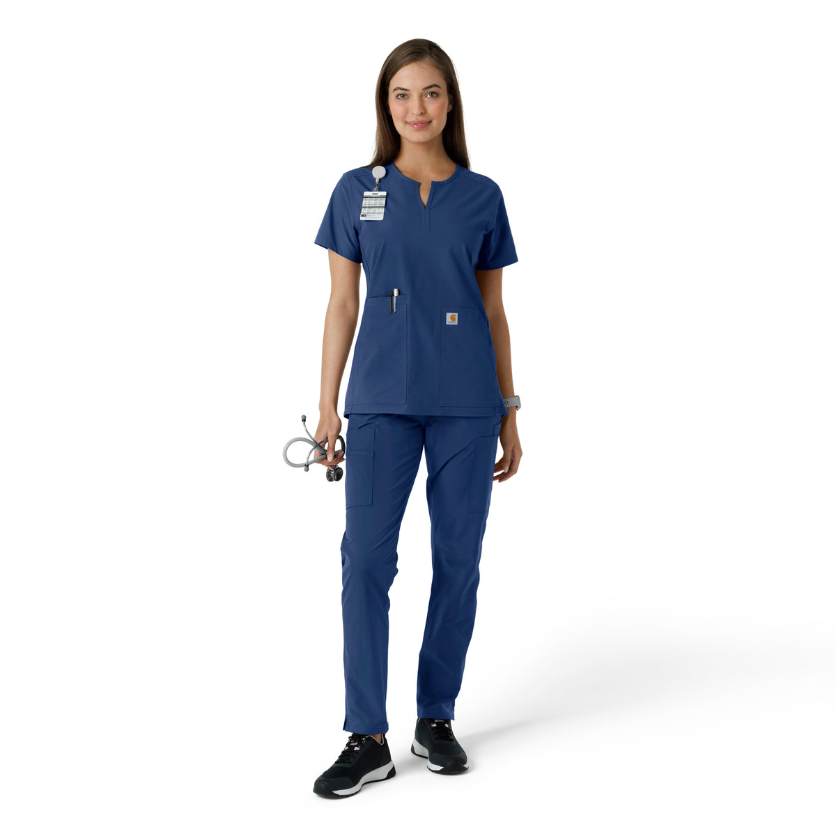 Force Essentials Women's Notch Neck Tunic Knit Panel Scrub Top Navy full scrub set