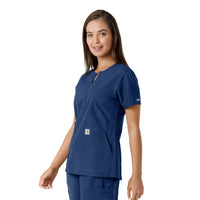 Force Essentials Women's Notch Neck Tunic Knit Panel Scrub Top Navy side view