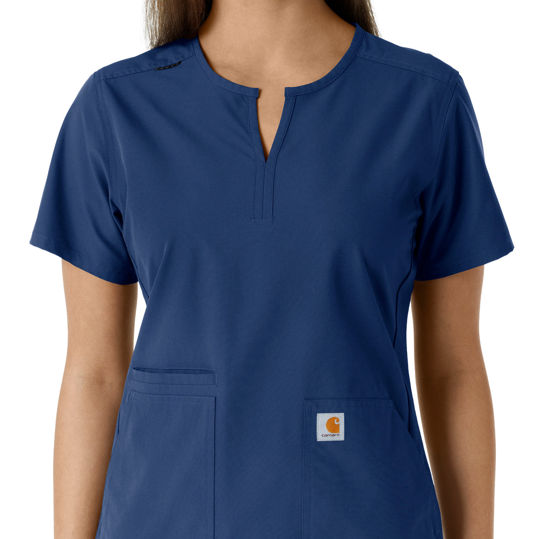 Force Essentials Women's Notch Neck Tunic Knit Panel Scrub Top Navy front detail