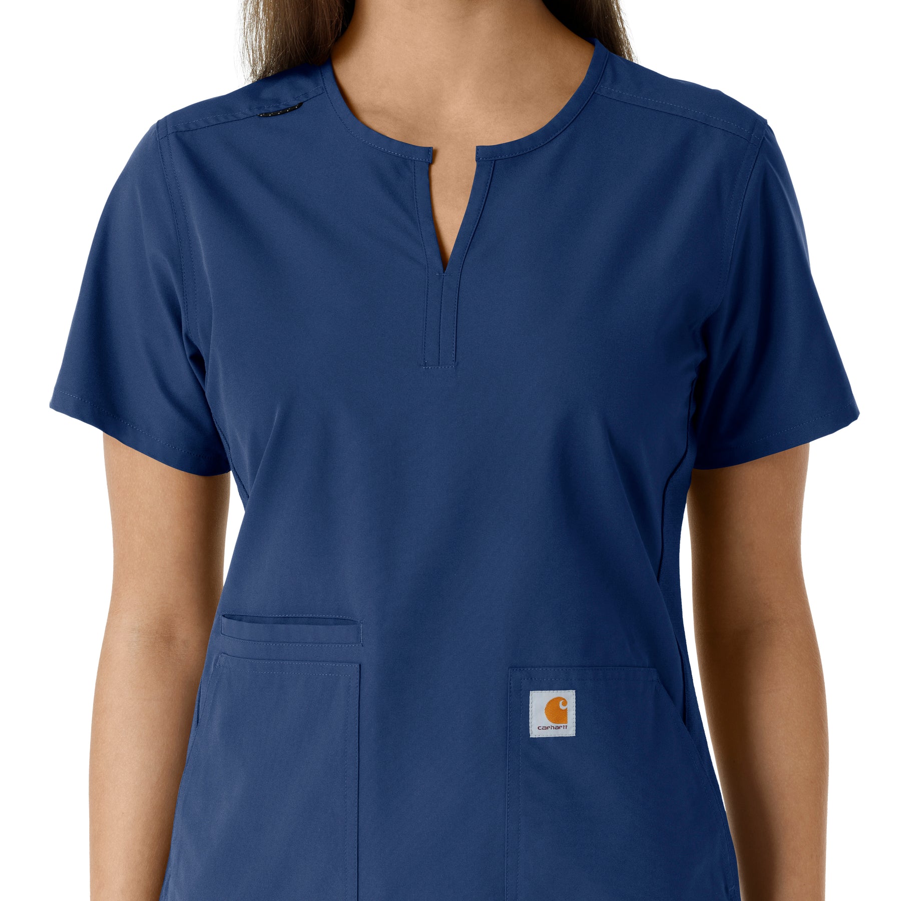 Force Essentials Women's Notch Neck Tunic Knit Panel Scrub Top Navy front detail