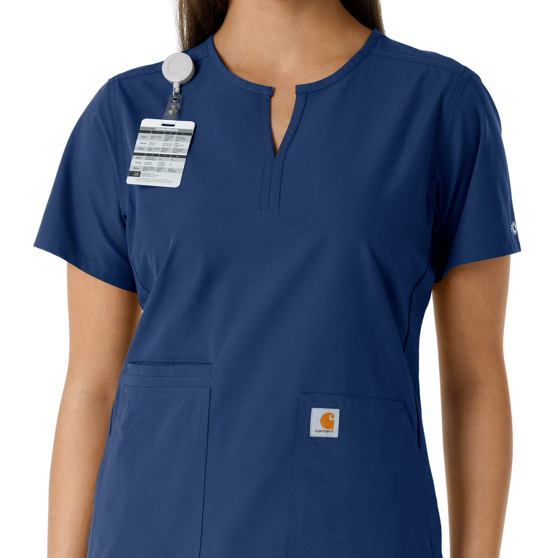 Force Essentials Women's Notch Neck Tunic Knit Panel Scrub Top Navy side detail 1