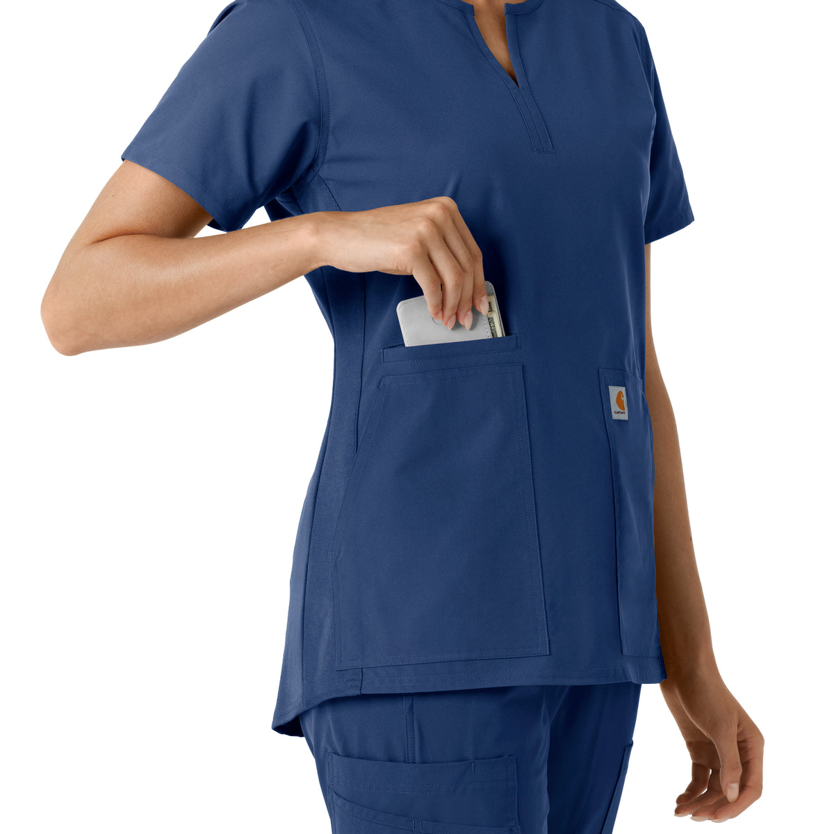 Force Essentials Women's Notch Neck Tunic Knit Panel Scrub Top Navy side detail 2