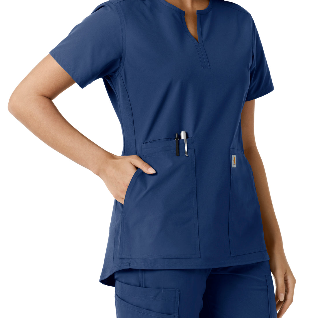 Force Essentials Women's Notch Neck Tunic Knit Panel Scrub Top Navy hemline detail
