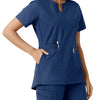 Force Essentials Women's Notch Neck Tunic Knit Panel Scrub Top Navy hemline detail