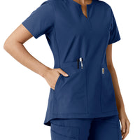 Force Essentials Women's Notch Neck Tunic Knit Panel Scrub Top Navy hemline detail