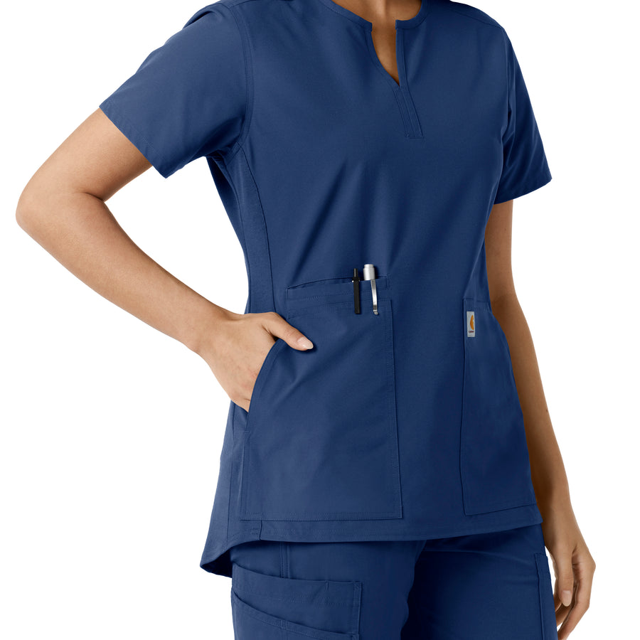 Force Essentials Women's Notch Neck Tunic Knit Panel Scrub Top Navy hemline detail