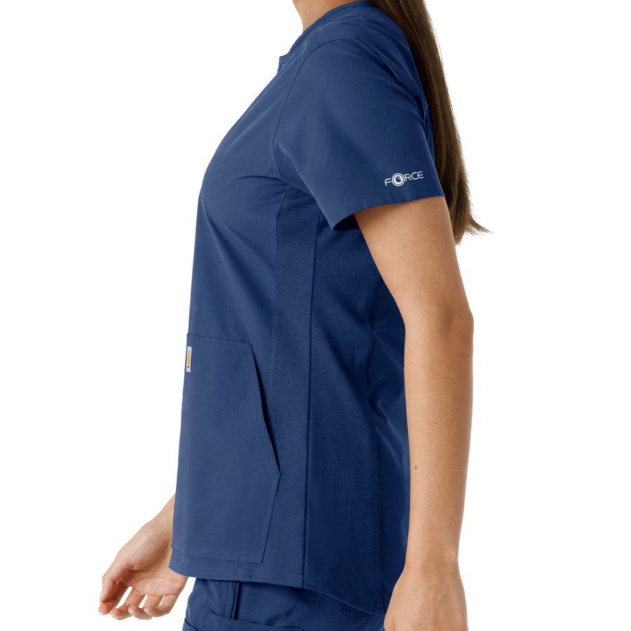 Force Essentials Women's Notch Neck Tunic Knit Panel Scrub Top Navy back detail