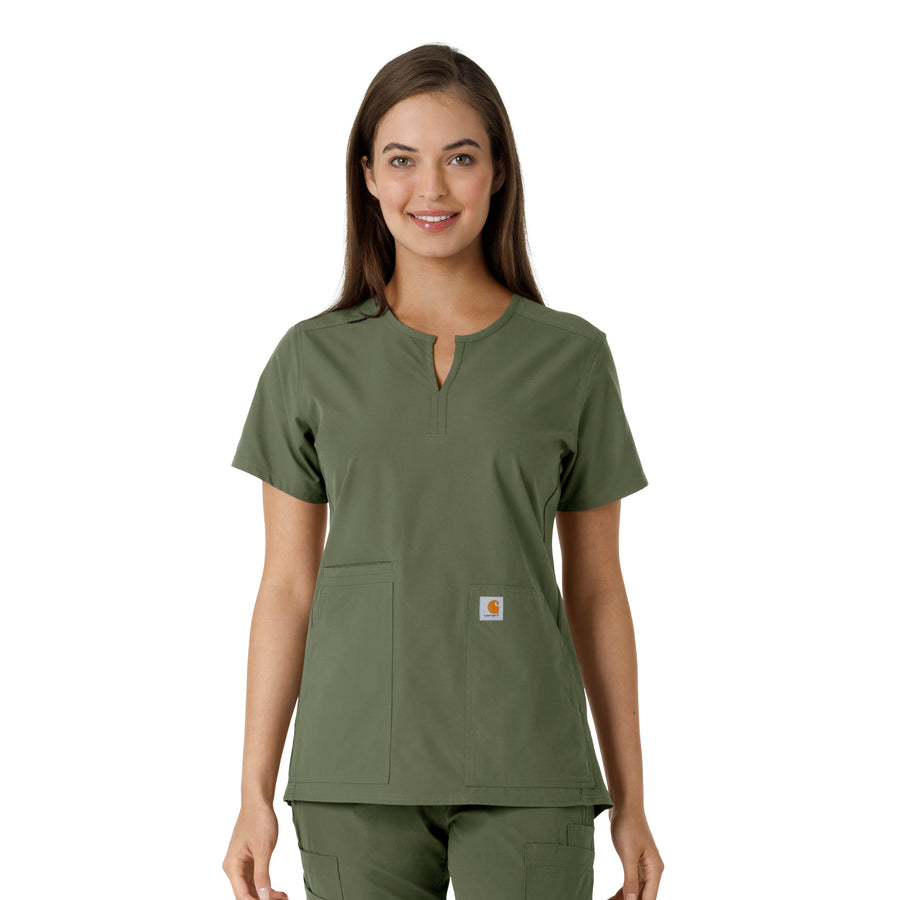 Force Essentials Women's Notch Neck Tunic Knit Panel Scrub Top Olive