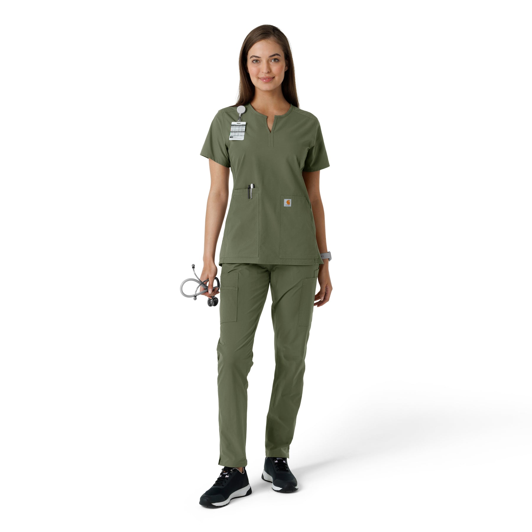 Force Essentials Women's Notch Neck Tunic Knit Panel Scrub Top Olive full scrub set