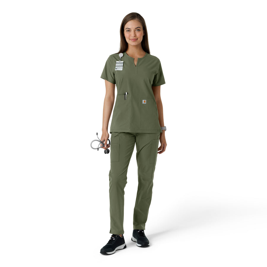Force Essentials Women's Notch Neck Tunic Knit Panel Scrub Top Olive full scrub set