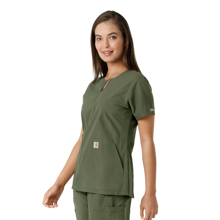Force Essentials Women's Notch Neck Tunic Knit Panel Scrub Top Olive side view