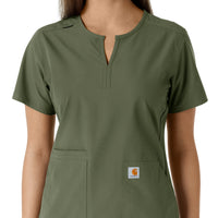 Force Essentials Women's Notch Neck Tunic Knit Panel Scrub Top Olive front detail