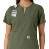 Force Essentials Women's Notch Neck Tunic Knit Panel Scrub Top Olive side detail 1