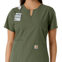 Force Essentials Women's Notch Neck Tunic Knit Panel Scrub Top Olive side detail 1