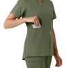 Force Essentials Women's Notch Neck Tunic Knit Panel Scrub Top Olive side detail 2