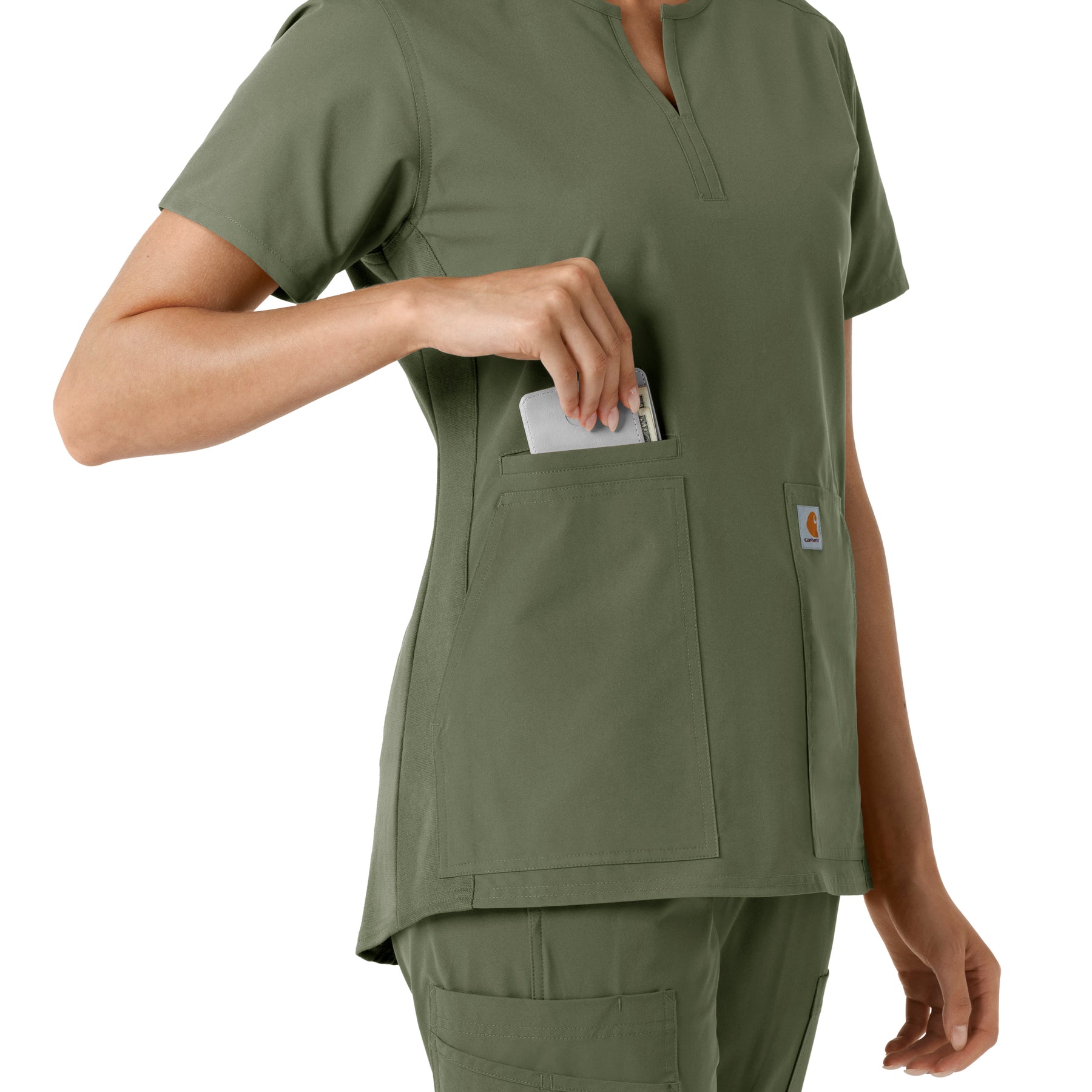 Force Essentials Women's Notch Neck Tunic Knit Panel Scrub Top Olive side detail 2